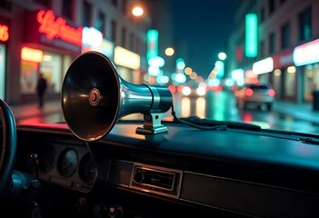 Vintage car dashboard shows a megaphone ready for action on a neon lit city street at night