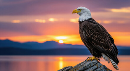 Fototapeta premium Majestic Bald Eagle perched on a rock against a stunning sunset over a lake. Beautiful wildlife and nature landscape concept.
