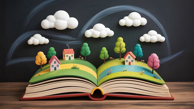 A whimsical 3D scene featuring an open book with colorful houses, trees, and clouds, evoking a dreamy landscape.
