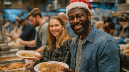 man volunteer in Santa hat in the kitchen, helping those in need, volunteering, charity	