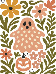 Boho Ghost Shirt Pumpkin Floral Autumn Botanical Spooky Halloween Sublimation Design