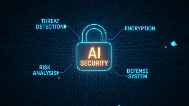 AI security digital lock with glowing padlock and connected terms threat detection encryption risk analysis and defense system on futuristic cyber technology background - Powered by Adobe