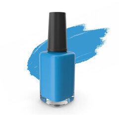 Blue nail polish bottle with paint stroke on white background