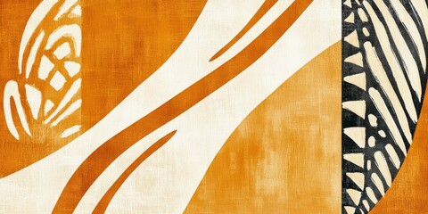 Abstract pattern with orange beige black and white geometric elements and textured background. Contemporary modern art for interior decor.