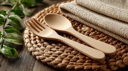 Wooden spoon and fork resting on a woven placemat with green leaves creating a natural dining setting on a table