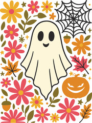 Horror Season Boho Floral Pumpkin Ghost Halloween Shirt Botanical Sublimation Print