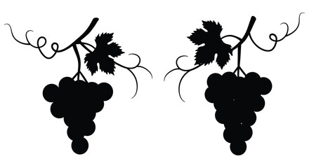 Black silhouette illustration depicting two bunches of grapes with leaves