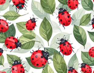Red ladybug pattern on white background with green leaves