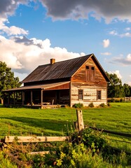 Obraz premium Rustic wooden farmhouse in a sunlit field