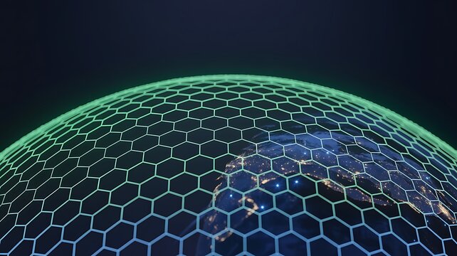 Conceptual image of the earth shielded by a protective digital hexagonal mesh grid showcasing global protection and cybersecurity.