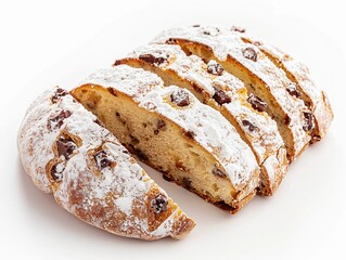 Freshly baked sweet bread with powdered sugar and dried fruit slices on a white background during the holiday season