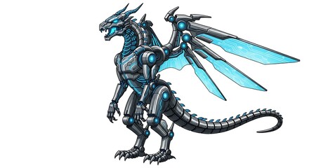 Futuristic robotic AI dragon drawing, cybernetic details, standing with two legs, mechanical wings, high-tech sketch, isolated white background