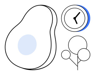 Avocado shape with seed, clock with blue accent, and stylized tree branches. Ideal for nature, time, healthy eating, balance, minimalism sustainability and modern lifestyle. Simple flat metaphor