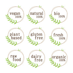 Round vegan,  natural,  bio, plant-based, gluten-free, fresh, raw food, dairy-free, organic vector label icon stickers  with leaf circle