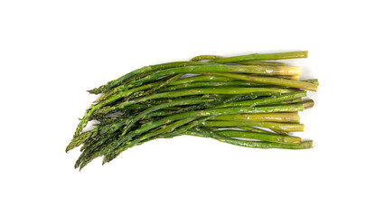 Cooked asparagus isolated. Roasted green vegetable for salad, baked asparagus bunch