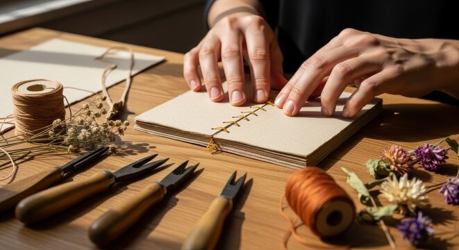 Hands crafting handmade book with bookbinding tools and dried flowers