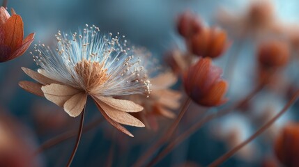 Dreamy floral scene with delicate blooms in soft, muted earth tone colors