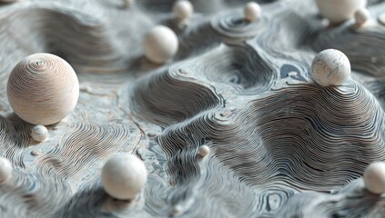 Abstract landscape of layered, textured forms, with scattered spheres