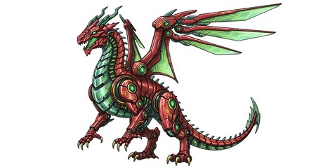 Standing Gesture Futuristic robotic AI dragon drawing, cybernetic details, glowing circuit patterns, mechanical wings, high-tech sketch, isolated white background