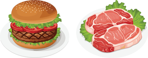 Delicious hamburger with lettuce and tomato, raw beef steak on plate with lettuce, fast food illustration, meat cuisine design vector