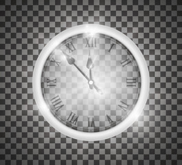 New year concept. Silver realistic transparent vintage clock isolated on transparent background. Christmass concept. Vector illustration