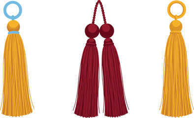 Decorative tassel illustration, hanging ornament vector, textile accessory design, curtain tieback decoration, fashion detail artwork, colorful tassels, interior decor element