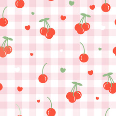 Cherry and Hearts Gingham Pattern