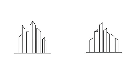 Minimalist black and white line drawing of two city skylines