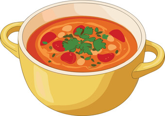 Delicious hot vegetable soup in yellow pot, healthy homemade meal, organic vegetarian dish, fresh tomato broth, comforting traditional recipe