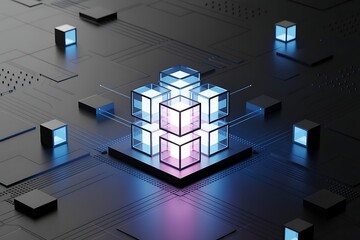Digital abstract 3d render representing data processing and modern technological connections with illuminated cubes and circuit board.