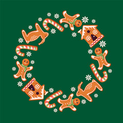 Fototapeta premium Christmas gingerbread cookie wreath with candy cane, houses, reindeer and snowmen arranged in circle on green background with white snowflakes in cartoon.