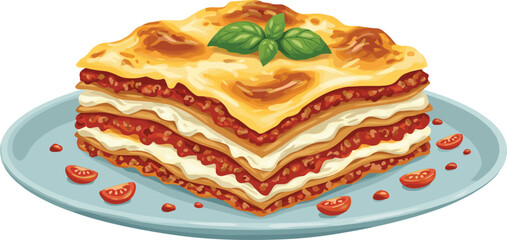 Delicious lasagna illustration, cheesy pasta layers, Italian food, baked dish, tomato sauce, basil garnish, traditional recipe, comfort meal, restaurant menu, vector art