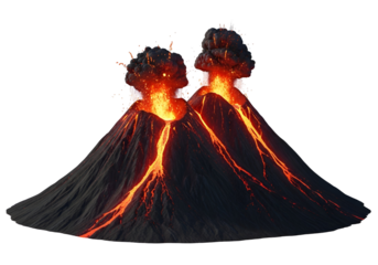 Two volcanoes erupt with fiery lava and dark smoke against a stark black backdrop.