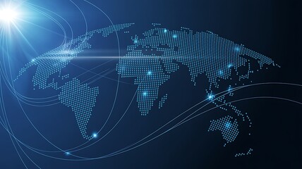 Digital blue dot world map illustrating global connectivity and networks representing international communication and data flow