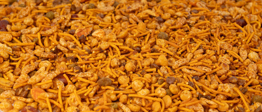 Navrattan namkeen mixture. Indian nimko snack, spicy and sweet farsaan