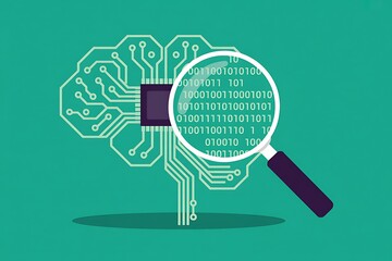 Digital brain concept with binary code circuitry and magnifying glass representing data analysis and technology