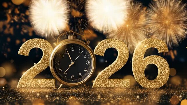 New Year 2026 Celebration with Golden Clock Countdown and Fireworks. Festive Holiday Greeting Banner with Glitter Numbers and Midnight Party Atmosphere. Video.