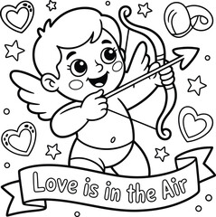 Cute cartoon cupid with bow and arrow ready to shoot surrounded by hearts and stars with a banner that says love is in the air