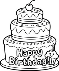 Simple black and white line art illustration of a tiered birthday cake with a cupcake and cherry on top perfect for coloring pages