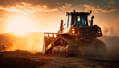 Heavy bulldozer at sunset, dust cloud