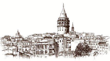 Obraz premium Historic Galata Tower Vector Drawing Cartoon - Detailed and Colorful Illustration for Design Projects