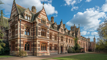 Keble College at Oxford University in the United Kingdom. This college was founded in 1870 and is one of the newer colleges at Oxford University. Buildings are characterized by a mixture of red and wh