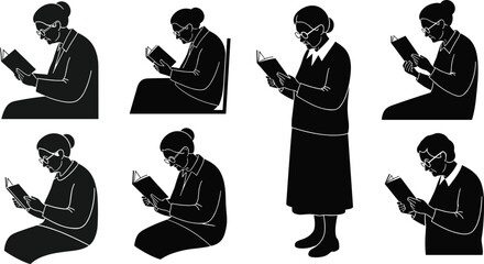 Elderly woman reading book silhouette illustration, senior lady sitting and standing with glasses, black vector design isolated white background