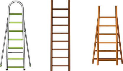 Different types of ladders illustration set including step ladder, wooden ladder, construction equipment, tool design, safety climbing, work accessory clipart