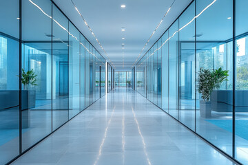 A plant in the center of a long hallway with glass walls.