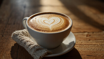 close up of cup of cappuccino with cremy heart