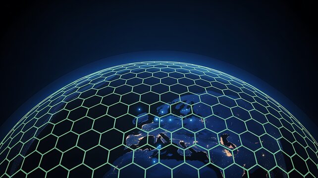 Digital globe with hexagon network overlay depicting data security and global connectivity across the earth