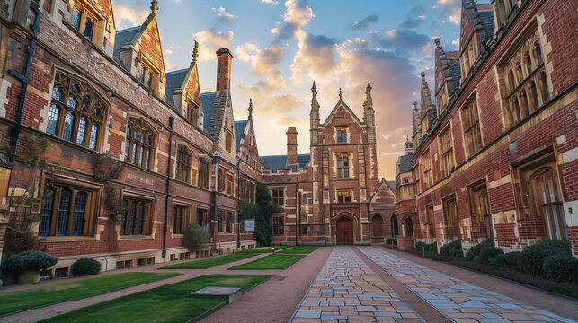 Keble College at Oxford University in the United Kingdom. This college was founded in 1870 and is one of the newer colleges at Oxford University. Buildings are characterized by a mixture of red and wh