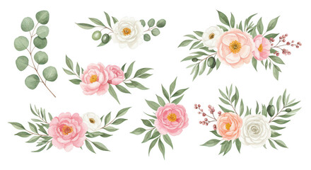 Watercolor Floral Collection: A delicate, elegant array of watercolor flowers and lush greenery, ideal for invitations, stationery, and design projects.
