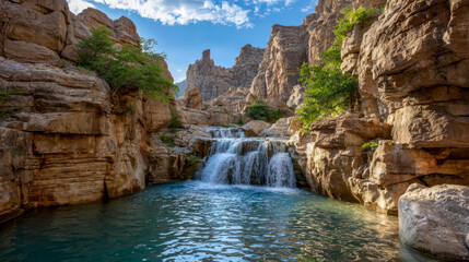 Serene waterfall cascading over rocky cliffs into a tranquil pool surrounded by lush greenery and rugged terrain, capturing the essence of nature's beauty and tranquility